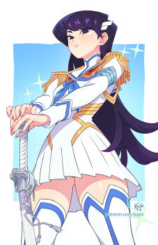 bakuzan black_eyes black_hair blue_background cosplay cowboy_shot dress highres holding holding_sword holding_weapon junketsu kajin_(kajinman) kill_la_kill kiryuuin_satsuki kiryuuin_satsuki_(cosplay) komi-san_wa_komyushou_desu komi_shouko long_hair simple_background sword weapon white_background white_dress