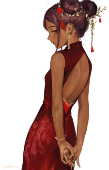Rule 34 | 1girl, back cutout, bracelet, breasts, brown eyes, brown hair, china dress, chinese clothes, clothing cutout, dark-skinned female, dark skin, demi (nashidrop), double bun, dress, earrings, from behind, hair bun, highres, jewelry, looking at viewer, nashidrop, original, red dress, red nails, short hair, small breasts, solo, white background