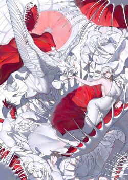 1boy 1girl absurdly_long_hair absurdres angel angel_wings animal_ears arm_support artist_name back_tattoo backless_outfit bare_arms bare_shoulders barefoot breasts bustier closed_eyes collarbone colored_eyelashes colored_skin colored_veins covered_navel crrn curvy disembodied_eye disembodied_hand double-parted_bangs dress feathered_wings feathers flats floating_hair flower flying full_body garter_straps hair_between_eyes halo head_tilt highres holding_hands holding_shawl kiss kissing_hand knee_up large_breasts long_dress long_hair long_sidelocks long_sleeves looking_at_another low-tied_long_hair lying mature_female mature_male medium_hair nail_polish nose nurse_(crrn) on_side original pale_skin parted_lips pink_lips plant pointy_ears puffy_long_sleeves puffy_sleeves rabbit_boy rabbit_ears raised_eyebrows red_eyes red_shawl red_skin red_tail red_tattoo rei_(crrn) robe rose shawl sideboob sidelocks simple_background sitting sleeveless sleeveless_dress snake_tail tail tattoo thighhighs toe_claws toenail_polish toenails twitter_username venus_flytrap very_long_hair very_long_tail wariza white_background white_dress white_feathers white_flower white_hair white_halo white_nails white_robe white_rose white_skin white_theme white_trim white_wings white_wrist_cuffs wings wrist_cuffs