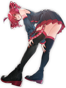 1girl ahoge arm_tattoo bare_shoulders bent_over black_boots black_shirt black_skirt black_sleeves boots bowing breast_pocket commentary detached_sleeves double-parted_bangs drill_hair fingernails from_behind from_below full_body hair_between_eyes hands_on_own_knees highres kasane_teto kasane_teto_(utau) looking_at_viewer michihirogswr miniskirt nail_polish number_tattoo open_mouth pleated_skirt pocket red_eyes red_hair red_nails red_trim shirt shoulder_tattoo simple_background skirt sleeveless sleeveless_shirt smile solo standing tattoo teeth thigh_boots thighhighs twin_drills underbutt upper_teeth_only utau white_background zettai_ryouiki