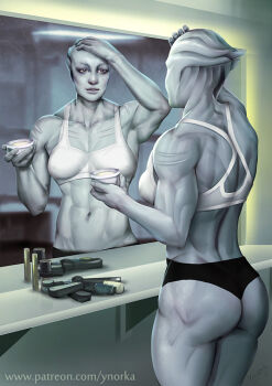 1girl abs alien artist_name asari asari_(mass_effect) ass bathroom black_panties colored_skin grey_skin indoors lysaia mass_effect_(series) mirror muscular muscular_female navel panties patreon_username reflection solo sports_bra underwear watermark web_address white_sports_bra ynorka_chiu