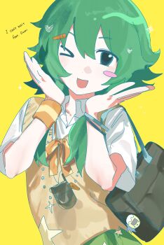 >_o 1girl ;d bag bead_necklace beads blush_stickers bow bowtie bracelet carrot_hair_ornament cellphone collared_shirt d19wb dot_nose english_text flip_phone food-themed_hair_ornament green_eyes green_hair green_skirt gumi hair_between_eyes hair_ornament hands_framing_own_cheeks hashtag-only_commentary heisei_retro highres i_can't_wait_(synthesizer_v) jewelry necklace one_eye_closed open_mouth orange_bow orange_bowtie orange_vest phone polka_dot polka_dot_bow shirt short_hair_with_long_locks short_sleeves shoulder_bag simple_background skirt smile solo song_name star_(symbol) star_print tamagotchi tamagotchi_(classic) vest vocaloid white_shirt wristband yellow_background