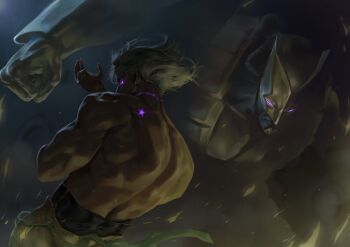 Rule 34 | 1boy, 1other, birthmark, blonde hair, clenched hand, colored skin, commentary, dio brando, dio brando's pose, from behind, glowing, glowing eyes, glowing scar, goddamnmushroom, grey skin, highres, joestar birthmark, jojo no kimyou na bouken, jojo pose, looking at viewer, male focus, medium hair, muscular, muscular male, pants, purple eyes, scar, scar on neck, stand (jojo), stardust crusaders, the world, topless male, yellow pants