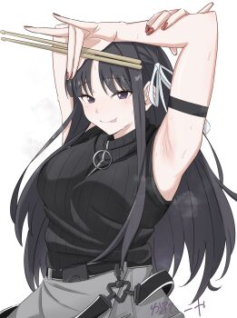 1girl armband armpits arms_up awa_subaru black_armband black_hair drumsticks flour_clavicule girls_band_cry grey_shorts hair_ribbon highres holding holding_drumsticks long_hair looking_at_viewer parted_bangs purple_eyes ribbon shorts simple_background sleeveless solo sweat tongue tongue_out upper_body white_background white_ribbon