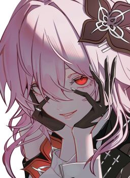 1girl black_flower black_gloves evernight_(honkai:_star_rail) flower gloves hair_flower hair_intakes hair_ornament hairclip hands_on_own_cheeks hands_on_own_face highres honkai:_star_rail honkai_(series) light_smile long_hair long_sleeves looking_at_viewer mano_(mano_mano_5) march_7th_(honkai:_star_rail) parallel_hairclips pink_hair pinky_ring red_eyes red_flower solo white_wrist_cuffs wrist_cuffs yandere_trance