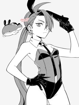 1girl animal_ear_hairband animal_ears artist_name breasts clodsire closed_mouth clothed_pokemon commentary_request dated detached_collar ear_piercing earrings eyelashes fake_animal_ears genjitsu_o_miro gloves greyscale groin hairband hand_on_own_hip highleg highleg_leotard highres jewelry leotard long_hair low_ponytail monochrome nintendo piercing playboy_bunny pokemon pokemon_(creature) pokemon_sv ponytail rabbit_ear_hairband rabbit_ears rika_(pokemon) small_breasts standing strapless strapless_leotard twitter_username very_long_hair