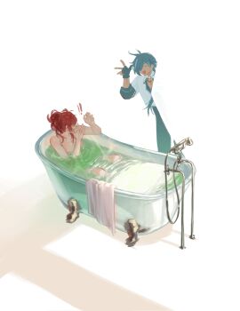 Rule 34 | !, !!, 2boys, black gloves, blue hair, closed eyes, clothed male nude male, dark-skinned male, dark skin, diluc (genshin impact), eyepatch, genshin impact, gloves, highres, in bathtub, kaeya (genshin impact), knees up, long hair, male focus, multiple boys, nipples, nude, open mouth, partially fingerless gloves, partially submerged, red eyes, red hair, step-siblings, towel, triangle mouth, zehuij