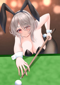 1girl absurdres animal_ears ball billiard_ball billiards black_leotard black_pantyhose blurry blurry_background breasts brown_hair cleavage commentary_request cue_stick fake_animal_ears fake_tail highres holding holding_cue_stick honkai_(series) honkai_impact_3rd large_breasts leotard match_(scp115) pantyhose playboy_bunny playing_games pool_table rabbit_ears rabbit_tail rita_rossweisse short_hair smile solo table tail wrist_cuffs