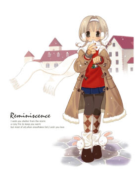 1girl :3 ankle_socks archived_source argyle_clothes argyle_socks bell blue_skirt blush bracelet braid brown_coat brown_hair brown_pantyhose brown_shoes brown_sleeves brown_socks building closed_mouth coat collared_coat commentary_request denim denim_skirt dot_nose duffel_coat earmuffs english_text envelope facing_viewer fingernails full_body fur-trimmed_coat fur_collar fur_trim green_ribbon hair_intakes holding holding_bell holding_envelope holding_ribbon jewelry kneehighs korean_commentary legs_together long_sleeves looking_at_viewer low_twin_braids medium_hair milktea_(aoiexk) original pantyhose photoshop_(medium) pleated_skirt pocket rabbit_ornament red_sweater ribbon rooftop scarf shoes simple_background skirt smile snow socks socks_over_pantyhose solo standing stone_wall sweater twin_braids white_scarf white_socks window winter_clothes