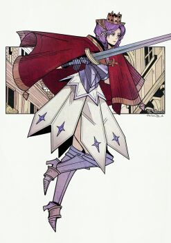 1girl armor armored_dress artist_name braid cape crown dress elfaran english_text gauntlets herheim highres holding holding_sword holding_weapon huge_weapon parted_bangs princess_crown purple_hair sabaton solo sword twin_braids weapon yellow_eyes