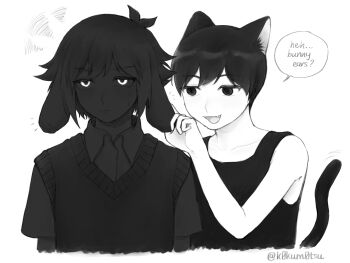 2boys animal_ears antenna_hair artist_name black_eyes black_hair black_shirt black_skin black_sweater_vest black_tank_top cat_boy cat_ears cat_tail collarbone collared_shirt colored_skin english_text highres k0kum0tsu kemonomimi_mode male_focus multiple_boys omori omori_(omori) rabbit_boy rabbit_ears shirt short_hair short_sleeves simple_background speech_bubble stranger_(omori) sweater_vest tail tank_top twitter_username white_background white_eyes white_skin