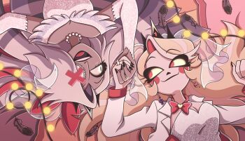 2girls :d apple_earrings bed_sheet black_nails blonde_hair blush_stickers bow bowtie breasts cable charlie_morningstar cleavage colored_sclera commentary couple dark-skinned_female dark_skin detached_sleeves dress earrings english_commentary feathers food-themed_earrings food_themed_earrings formal_clothes from_above grey_hair hair_ornament hazbin_hotel hellaverse highres holding_hands jacket jewelry looking_at_another lying medium_breasts moon-realm multicolored_hair multiple_girls musical_note_earrings nail_polish on_back open_clothes open_jacket open_mouth pillow red_bow red_bowtie red_eyes ring shirt smile suit two-tone_hair vaggie white_dress white_hair white_jacket white_shirt white_suit yellow_sclera yuri