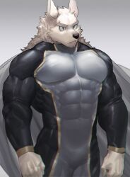 1boy arms_at_sides bara black_bodysuit bodysuit bulge covered_navel feet_out_of_frame frown grey_bodysuit highres large_pectorals looking_ahead male_focus muscular muscular_male neumo original pectorals short_hair solo superhero_costume thick_eyebrows triceps two-tone_bodysuit