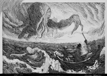 Rule 34 | 3others, ambiguous gender, boat, dated, great old ones, greyscale, hatching (texture), highres, monochrome, monster, multiple others, ocean, on boat, original, outdoors, pen (medium), traditional media, watercraft, waves