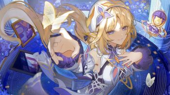 1girl absurdres beret blonde_hair blue_eyes blue_flower bug butterfly butterfly_on_hand column commentary_request cross-shaped_pupils detached_sleeves dress ear_covers facial_mark flower forehead_mark from_above genshin_impact halter_dress halterneck hat highres insect long_hair looking_at_viewer nicole_(genshin_impact) picture_frame pillar pointy_ears reaching reaching_towards_viewer rtms smile solo symbol-shaped_pupils upper_body very_long_hair white_dress white_hat white_sleeves