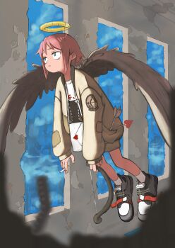 1girl :/ absurdres angel_wings arrow_(projectile) blue_sky blurry blurry_foreground bow_(weapon) broken_halo brown_jacket cigarette cupid day fluorescent_lamp flying from_side furrowed_brow green_eyes halo heart heart_arrow highres holding holding_bow_(weapon) holding_cigarette holding_weapon jacket jitome jonkumason kyuupii-chan_(jonkumason) letter long_sleeves looking_ahead love_letter open_clothes open_jacket original patchwork_clothes pink_hair print_shirt pull_cord raised_eyebrows rebar ruins shirt shoes short_hair sidelocks sky sneakers socks solo traditional_halo weapon white_shirt white_socks wings