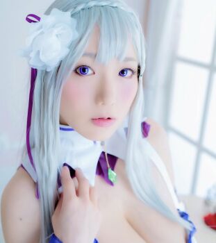 1girl breasts cosplay emilia_(re:zero) emilia_(re:zero)_(cosplay) female_focus highres large_breasts long_hair looking_at_viewer model photo_(medium) pointy_ears purple_eyes re:zero_kara_hajimeru_isekai_seikatsu shibuya_kaho solo white_hair