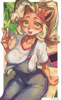 1girl absurdres aged_up ahoge animal_ears animal_nose blonde_hair body_fur border breasts brown_fur coco_bandicoot collarbone computer crash_bandicoot_(series) dated day fingernails flower furry furry_female green_eyes hair_flower hair_ornament hand_on_ground hand_rest hand_up highres iparupua laptop large_breasts long_hair looking_at_viewer multicolored_fur on_ground open_mouth outdoors overalls shirt short_sleeves single_strap sitting smile snout solo t-shirt tongue white_border