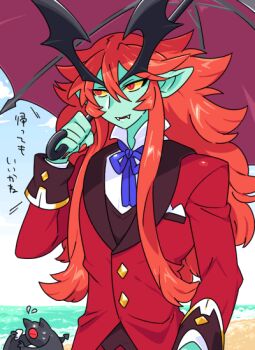 1boy bad_tag bat_(animal) bat_wings beach blue_bow bow buttons cloud collared_shirt colored_sclera colored_skin day flying_sweatdrops gold_buttons gold_trim green_skin hair_between_eyes head_wings helmet holding holding_umbrella inu_fuji japanese_text long_hair long_sleeves looking_to_the_side nail_polish ocean one-eyed original parted_lips pointy_ears red_eyes red_hair red_nails red_tuxedo red_vest ronobe_(inu_fuji) shirt sidelocks sideways_glance simple_background single_eye sky smile sweat translation_request tuxedo umbrella undershirt vampire vest water wings yellow_sclera