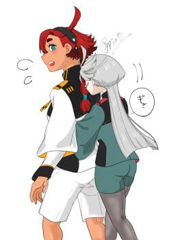 2girls 715piro_gon absurdres asticassia_school_uniform black_hairband black_pantyhose blue_eyes blush commentary_request green_jacket green_shorts gundam gundam_suisei_no_majo hairband heart highres hug hug_from_behind jacket long_hair miorine_rembran multiple_girls open_mouth pantyhose ponytail red_hair school_uniform shorts simple_background spoken_heart suletta_mercury thick_eyebrows translation_request twitter_username white_background white_jacket white_shorts yuri