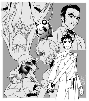 Rule 34 | 3boys, 3girls, amane suzuha, amane suzuha (beta), arm belt, beard stubble, breast pocket, closed eyes, commentary request, facial hair, father and daughter, frilled hat, frills, frown, greyscale, hashida itaru, hat, holding, holding phone, jacket, lab coat, looking ahead, looking back, makise kurisu, makise shouichi, monochrome, multiple boys, multiple girls, necktie, okabe rintarou, open mouth, phone, pocket, rocni, sash, science adventure, shiina mayuri, shirt partially tucked in, short hair, steins;gate, stubble, upa (steins;gate), waist sash