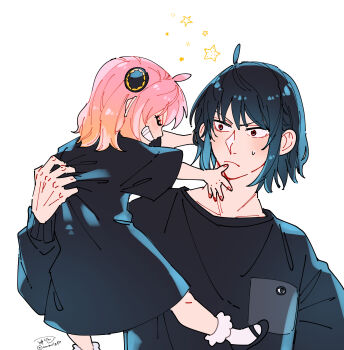 Rule 34 | 1boy, 1girl, ahoge, anya (spy x family), awarinko, black dress, black hair, black shirt, black shoes, bobby socks, brown hair, closed eyes, closed mouth, dress, gradient hair, grin, hair between eyes, highres, long sleeves, multicolored hair, pink hair, profile, puffy long sleeves, puffy sleeves, red eyes, shirt, shoes, short sleeves, signature, simple background, small sweatdrop, smile, socks, spy x family, star (symbol), sweat, twitter username, v-shaped eyebrows, white background, white socks, wide sleeves, yuri briar