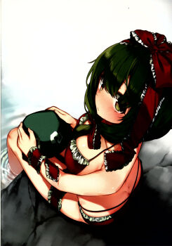 1girl absurdres alternate_costume arm_ribbon ass bikini blush border bow breasts butt_crack closed_mouth collarbone eyelashes frills from_behind front_ponytail green_eyes green_hair green_hat hair_between_eyes hair_bow hat highres hitodama_print holding holding_unworn_clothes holding_unworn_hat kagiyama_hina long_hair looking_at_viewer looking_up medium_breasts outdoors peaked_cap red_bikini red_bow ribbon river rock scan shadow shnva simple_background solo swimsuit touhou unworn_hat unworn_headwear white_background white_border