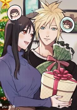 2boys 2girls alternate_costume black_hair black_shirt blonde_hair blue_eyes blue_sweater blurry blurry_background blush breasts brown_skirt casual christmas christmas_lights christmas_present christmas_tree closed_mouth cloud_strife commentary_request dated denzel_(ff7) final_fantasy final_fantasy_vii final_fantasy_vii:_advent_children gift highres holding holding_gift jewelry large_breasts long_hair long_sleeves looking_at_another marlene_wallace multiple_boys multiple_girls nidou_(rechlo) open_mouth red_eyes ring shirt skirt smile spiked_hair spoken_character sweater tifa_lockhart turtleneck turtleneck_sweater upper_body