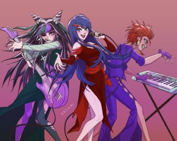 1boy 2girls ;q alternate_hair_color artist_name asymmetrical_legwear bare_shoulders bat_hair_ornament black_hair black_lips black_nails blue_eyes blue_hair blush commentary cosplay danganronpa:_trigger_happy_havoc danganronpa_(series) danganronpa_2:_goodbye_despair dress dusk_(scooby-doo) dusk_(scooby-doo)_(cosplay) ear_piercing earrings electric_guitar english_commentary eyelashes eyeshadow face_piercing facial_hair fingerless_gloves fingernails gloves goatee green_dress green_hair green_lips guitar hair_bobbles hair_ornament hairclip hex_girls highres holding holding_guitar holding_instrument holding_microphone hoop_earrings instrument jewelry keyboard_(instrument) kuwata_leon lipstick long_hair long_sleeves luna_(scooby-doo) luna_(scooby-doo)_(cosplay) maizono_sayaka makeup microphone mioda_ibuki mismatched_legwear mismatched_thighhighs mouth_piercing multiple_girls multiple_rings music nail_polish nanamis-username one_eye_closed orange_hair pants piercing playing_guitar playing_instrument purple_gloves purple_hair purple_pants purple_shirt red_dress red_lips red_nails ring scooby-doo scooby-doo_and_the_witch&#039;s_ghost see-through_clothes see-through_sleeves shirt simple_background thighhighs thorn_(scooby-doo) thorn_(scooby-doo)_(cosplay) tongue tongue_out torn_clothes torn_thighhighs white_hair