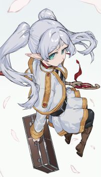 Rule 34 | 1girl, black pantyhose, boots, briefcase, capelet, commentary request, elf, falling petals, floating, frieren, from above, full body, green eyes, highres, holding, holding briefcase, holding staff, levitation, mage staff, medium hair, pantyhose, parted bangs, petals, pink petals, pointy ears, ranf, simple background, skirt, solo, sousou no frieren, staff, thick eyebrows, twintails, white background, white boots, white capelet, white hair, white skirt