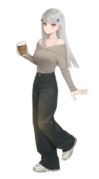 Rule 34 | 1girl, absurdres, alternate costume, black pants, breasts, brown sweater, casual, closed mouth, collarbone, commentary, cross hair ornament, cup, disposable cup, full body, girls' frontline, green eyes, grey hair, hair ornament, highres, hk416 (girls' frontline), holding, holding cup, kir (khw66136132), leg up, long hair, pants, shoes, simple background, sneakers, solo, sweater, tattoo, teardrop facial mark, teardrop tattoo, white background, white shoes