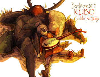 2017 2boys 2others absurdres beetle_(kubo_and_the_two_strings) brown_footwear closed_eyes closed_mouth english_text eyepatch highres hinekure-boy instrument japanese_macaque kubo_(kubo_and_the_two_strings) kubo_and_the_two_strings light_smile lying monkey monkey_(kubo_and_the_two_strings) multiple_boys multiple_others on_back on_grass one_eye_covered paper_hanzo red_robe robe shamisen smile