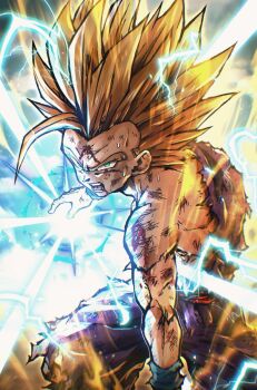 1boy aura blonde_hair blood child cowboy_shot dougi dragon_ball dragonball_z electricity green_eyes hashagu hashtag-only_commentary highres kamehameha_(dragon_ball) male_focus medium_hair powering_up shirt solo son_gohan spiked_hair super_saiyan super_saiyan_2 torn_clothes torn_shirt