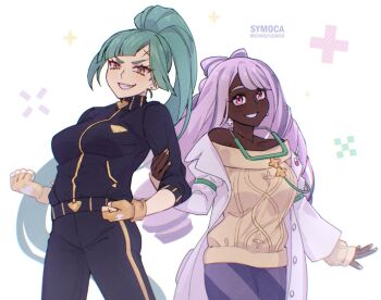 2girls black_jacket black_track_suit blush breasts coat cosplay cross_scar dark-skinned_female dark_skin dendra_(pokemon) dendra_(pokemon)_(cosplay) earrings fingerless_gloves flower_earrings gloves green_hair jacinthe_(pokemon) jacket jewelry lab_coat lebanne_(pokemon) long_hair long_sleeves looking_at_viewer miriam_(pokemon) miriam_(pokemon)_(cosplay) multiple_girls nintendo off-shoulder_sweater off_shoulder open_clothes open_coat open_mouth pants pokemon pokemon_legends:_z-a pokemon_sv ponytail purple_eyes purple_hair scar scar_on_face scar_on_forehead school_nurse skirt smile stethoscope sweater symoca teeth track_jacket track_suit turtleneck turtleneck_jacket very_dark_skin yellow_gloves yellow_sweater