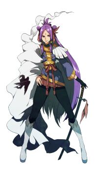 1boy bad_id bad_pixiv_id bindi boots cape double_bun gloves hand_on_own_hip highres katana knee_boots legs_apart long_hair long_legs male_focus original pantyhose pink_eyes purple_hair sheath sheathed sidelocks single_glove skirt smile solo standing sword trap tunic very_long_hair wadani_hitonori weapon