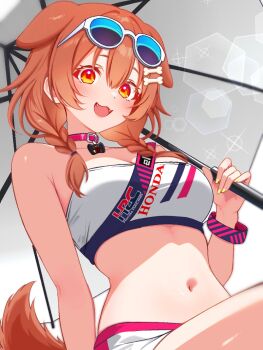 1girl animal_ears bone_hair_ornament brown_hair commentary_request crop_top dog_ears dog_girl dog_tail eyewear_on_head hair_ornament highres holding holding_umbrella hololive honda inugami_korone kamineko_(kamineko9675) navel race_queen skirt tail umbrella virtual_youtuber yellow_nails