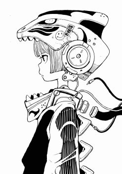 1girl acky_bright greyscale helmet highres jacket japanese_text long_sleeves mecha mecha_musume monochrome original plug profile robot short_hair smiley_face solo teeth tube white_background wire wiring