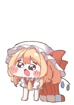 1girl absurdres all_fours ascot blonde_hair blush_stickers bow chibi chibi_only commentary_request crying crying_with_eyes_open flandre_scarlet frills full_body hat hat_bow highres looking_at_viewer medium_hair meme mob_cap monyuko_(8hjgw3xaan92729) open_mouth puffy_short_sleeves puffy_sleeves red_bow red_skirt red_vest short_sleeves simple_background skirt solo speakiposting_(meme) tears touhou trickcal vest white_background wings yellow_ascot
