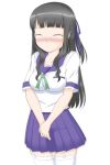 1girl animated black_hair blue_ribbon blue_sailor_collar blue_skirt blunt_bangs blush breasts closed_eyes closed_mouth collarbone embarrassed female_focus garter_straps green_ribbon hair_ribbon have_to_pee long_hair looping_animation medium_breasts miniskirt neck_ribbon nose_blush original own_hands_together pleated_skirt ribbon sailor_collar school_uniform serafuku shirt short_sleeves simple_background skindentation skirt solo standing thighhighs v_arms video white_background white_shirt white_thighhighs yamato_(yamato640k)