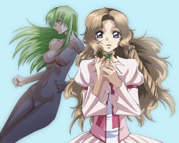 2girls body_markings breasts brown_hair c.c. code_geass completely_nude dress green_hair gundam gundam_seed highres hirai_hisashi_(style) long_hair medium_breasts multiple_girls nude nunnally_vi_britannia parody purple_eyes simple_background yamabuki_tt yellow_eyes