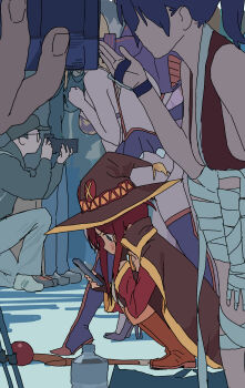 Rule 34 | 3girls, absurdres, black gloves, boots, brown boots, brown cape, brown hat, cape, cellphone, collared cape, commentary request, cosplay, fatal fury, fingerless gloves, gloves, hat, highres, holding, holding phone, kitagawa marin, kitagawa marin (cosplay), knee boots, kono subarashii sekai ni shukufuku wo!, long sleeves, megumin, megumin (cosplay), multiple girls, original, people, phone, red hair, shiranui mai, shiranui mai (cosplay), sidelocks, smartphone, some1else45, sono bisque doll wa koi wo suru, squatting, staff, witch hat