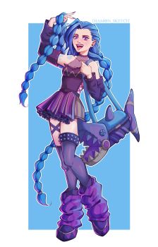 1girl :d :p absurdres alternate_costume arm_tattoo arm_up artist_name bag bare_shoulders blue_eyes blue_hair braid cloud_tattoo commentary covered_collarbone detached_sleeves diamon english_commentary full_body grey_thighhighs hair_lift highres holding holding_bag jinx_(league_of_legends) league_of_legends leg_warmers long_hair open_mouth shirt skirt smile standing tattoo thighhighs tongue tongue_out twin_braids twintails v white_background