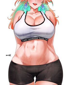 1girl anzhong artist_name black_shorts breasts cleavage earrings feather_earrings feathers gradient_hair green_hair highres hololive hololive_english jewelry large_breasts long_hair multicolored_hair navel open_mouth orange_hair short_shorts shorts simple_background solo sports_bra sweat takanashi_kiara virtual_youtuber white_background white_sports_bra