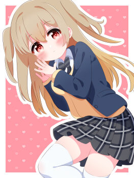 1girl black_bow black_bowtie black_jacket black_skirt blush bow bowtie breasts brown_hair cardigan heart heart_background jacket long_hair long_sleeves looking_at_viewer medium_breasts minagi_koharu open_clothes open_jacket own_hands_together pink_background plaid_clothes plaid_skirt r245 red_eyes school_uniform skirt slow_loop smile standing striped_bow striped_bowtie striped_clothes thick_thighs thighhighs thighs twintails white_hair white_thighhighs yellow_cardigan