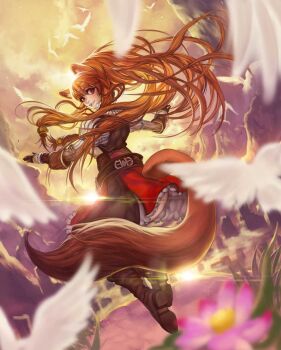 1girl animal_ears armor belt bird black_dress blurry boots brown_belt brown_boots brown_gloves cuirass depth_of_field dress elbow_gloves elsevilla floating_hair flower from_behind full_body gloves hair_between_eyes highres layered_dress leather leather_armor leather_gloves lips long_hair long_sleeves looking_at_viewer looking_back metal_arm_cuffs metal_wrist_cuffs missing_commentary orange_sky parted_lips pink_flower pinstripe_dress pinstripe_pattern raccoon_ears raccoon_girl raccoon_tail raphtalia red_dress red_eyes sky sleeveless sleeveless_dress smile solo sunset tail tate_no_yuusha_no_nariagari thigh_boots two-tone_dress white_bird white_dress