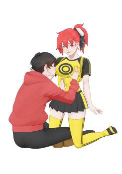 Rule 34 | 1boy, 1girl, aiba ami, black gloves, black skirt, blue eyes, breasts, chun-li fan, commission, commissioner upload, digimon, digimon story: cyber sleuth, gloves, grabbing another's breast, groping, highres, kiss, kissing breast, kneeling, legs, medium breasts, moaning, open mouth, red hair, shirt, side ponytail, simple background, skirt, socks, t-shirt, thighhighs, white background
