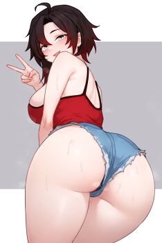 1girl absurdres ahoge ass ass_focus bad_id bad_twitter_id bare_shoulders black_hair blue_shorts bluefield blush breasts breath camisole cutoffs denim denim_shorts gradient_hair grey_background grey_eyes hair_between_eyes hand_up highres large_breasts leaning_forward looking_at_viewer multicolored_hair open_mouth panties pantyshot red_camisole red_hair red_panties ruby_rose rwby short_hair short_shorts shorts smile solo sweat two-tone_background underwear unknown_creation_date v white_background