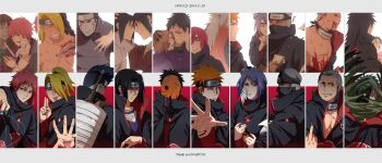 2girls 6+boys akasuna_no_hedoro akatsuki_uniform black_hair blonde_hair blood blue_eyes blue_hair brown_hair closed_eyes deidara_(naruto) forehead-to-forehead forehead_protector green_hair grey_hair grin heads_together hidan_(naruto) highres holding holding_money hoshigaki_kisame jiraiya_(naruto) kakuzu_(naruto) konan_(naruto) mask middle_finger money mouth_mask multiple_boys multiple_girls nagato_(naruto) naruto_(series) naruto_shippuuden ninja ninja_mask nohara_rin orange_eyes orange_hair pain_(naruto) purple_eyes red_eyes samehada_(naruto) sasori_(naruto) siblings smile spiked_hair sword teeth tobi_(naruto) uchiha_itachi uchiha_obito uchiha_sasuke weapon white_hair yahiko_(naruto) yellow_eyes zetsu_(naruto)