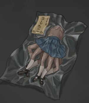 black_footwear blue_skirt conjoined extra_legs mini_person minigirl original packet pleated_skirt shoes skirt socks tensen_(dotted_line) what