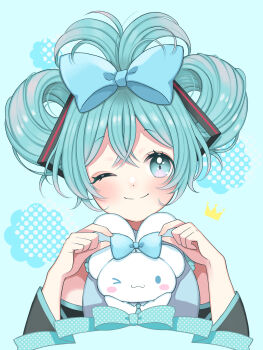 1girl ;) absurdres bare_shoulders black_sleeves blue_background blue_bow blue_eyes blue_hair blush bow cinnamiku cinnamoroll closed_mouth commentary cropped_torso detached_sleeves double-parted_bangs fuwa_fuwa_cinnamoroll grey_shirt hair_bow hands_up hatsune_miku highres long_sleeves looking_at_viewer momo-tako one_eye_closed sanrio shirt short_hair sleeveless sleeveless_shirt smile solo twintails updo vocaloid